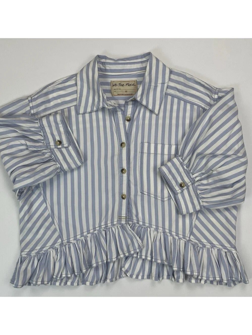 Free People We The Free Bailey Stripe Shirt Blue Cropped Ruffle Blouse XS - Picture 3 of 8